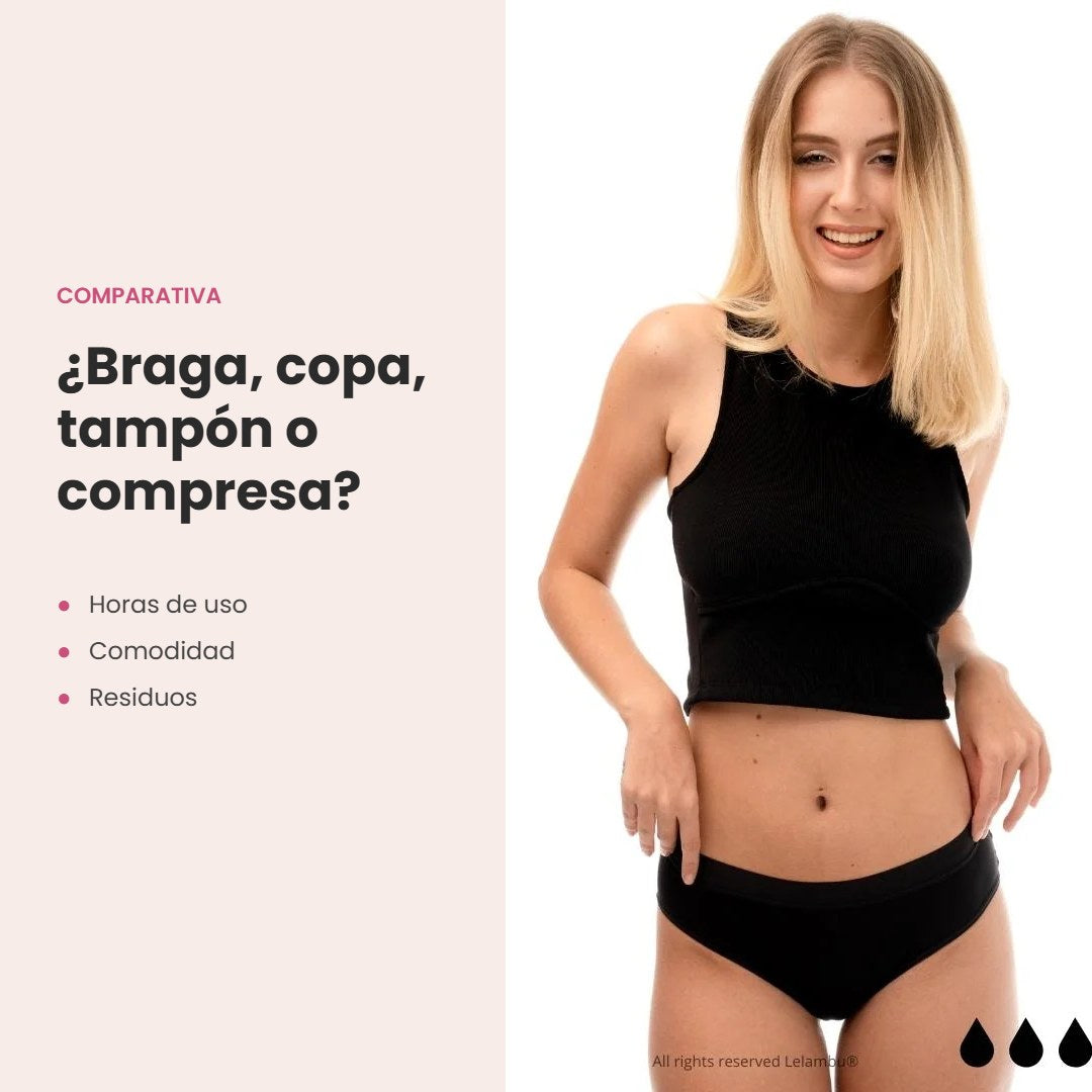 Comparativa entre braga menstrual, copa, tampón y compresa